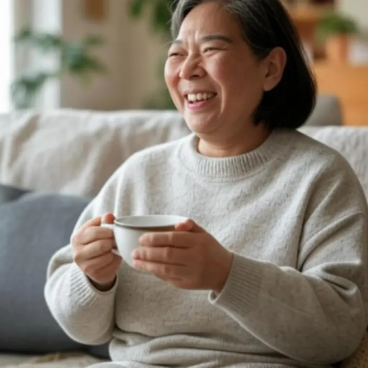 Vásárló nyugodt pillanatban teát kortyol egy modern enteriőrben