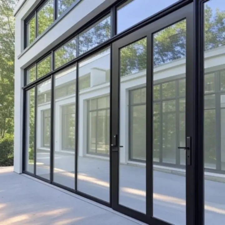 Modern, nagy üvegfelületű ablakok és ajtók egy kortárs épületen