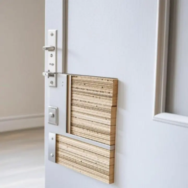 Modern ajtó innovatív zár- és vasalatmegoldással közelről