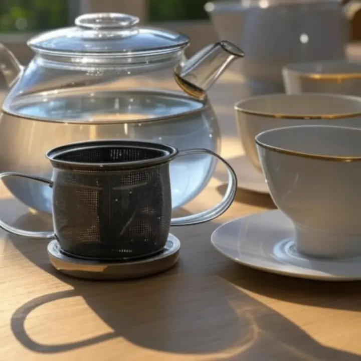 Teáskannák, szűrők és csészék rendezett, modern elrendezésben