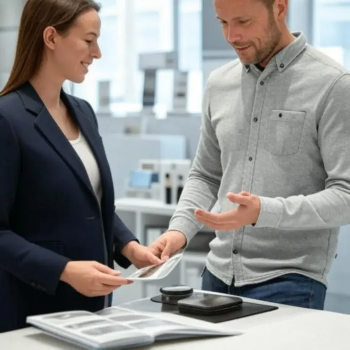 Üvegezési tanácsadó, aki ügyfélnek mutatja be a lehetőségeket